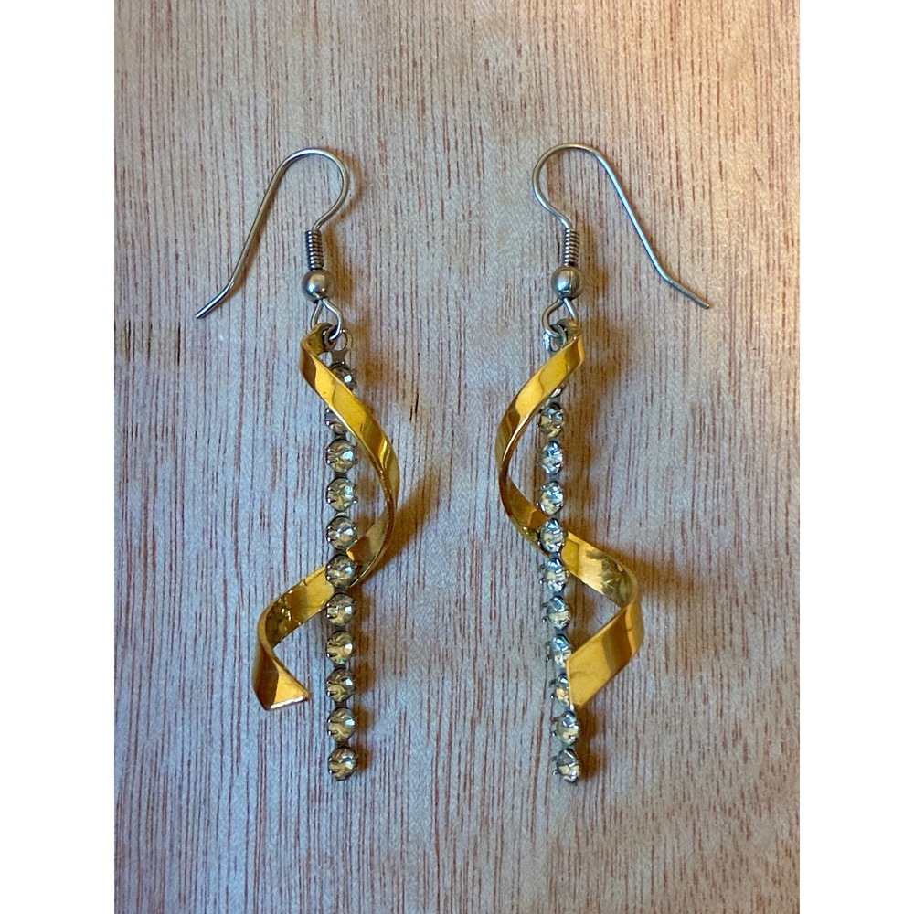 Rhinestone Ribbon Twist Dangle Earrings Gold Silver Tone Pierced Sparkly
